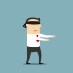 Disoriented cartoon blindfolded businessman with black band on eyes is walking forward with extended arms trying to find his way