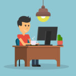 Man work with computer design flat. Work and man, computer and business man worker,  man in office desk, businessman person, table  workplace, job man, character man work manager illustration